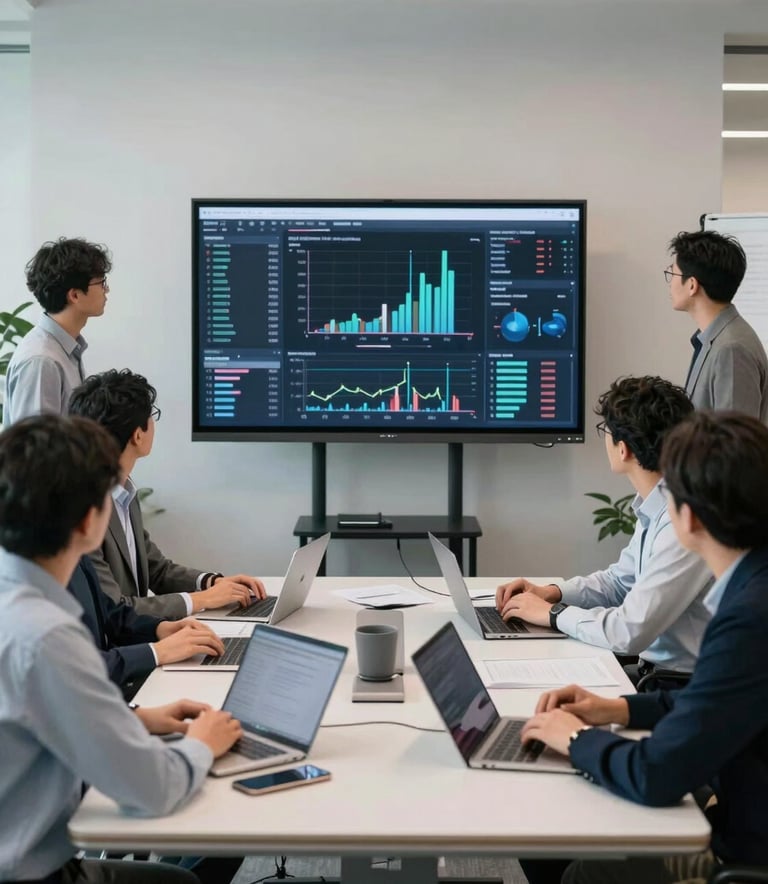 A collaborative team meeting in a high-tech North American / US office setting. Professionals are gathered around a large display screen showing data trends. The atmosphere is innovative with silver and light grey tones throughout.