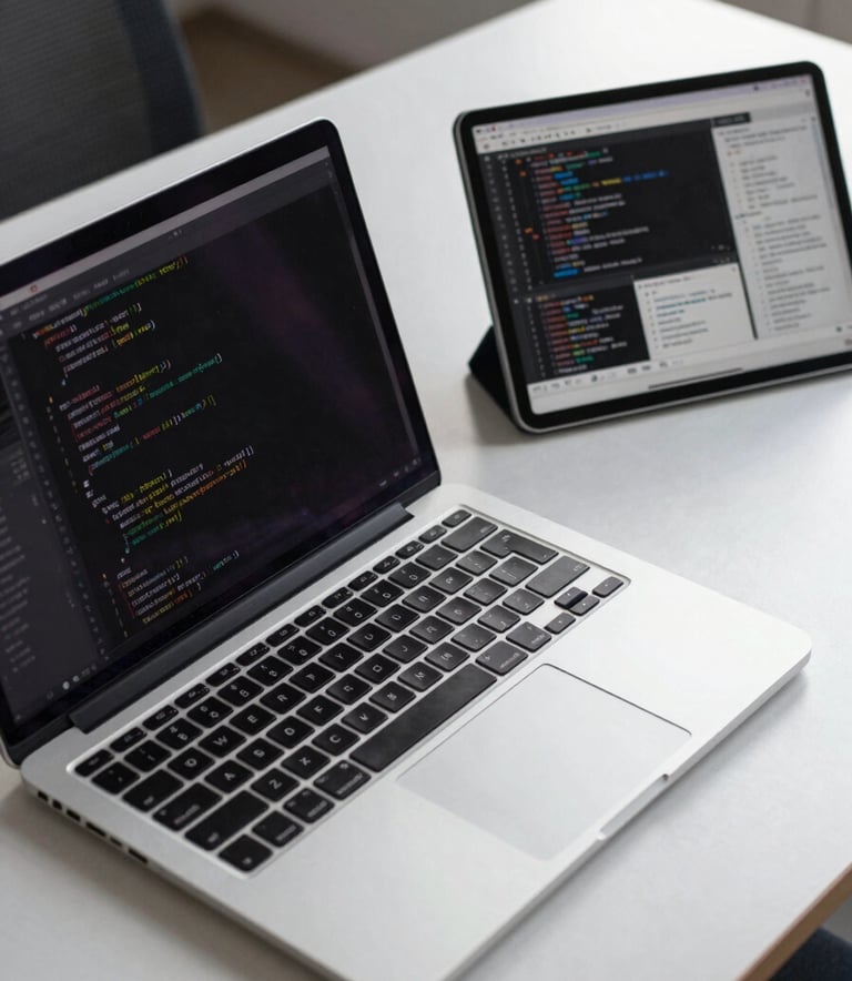 A close-up of a professional developer's desk in a North American / US office, featuring a sleek silver laptop and a tablet showing clean code and modern wireframes. The composition is clean and minimalist with soft morning light and a palette of light grey and silver.