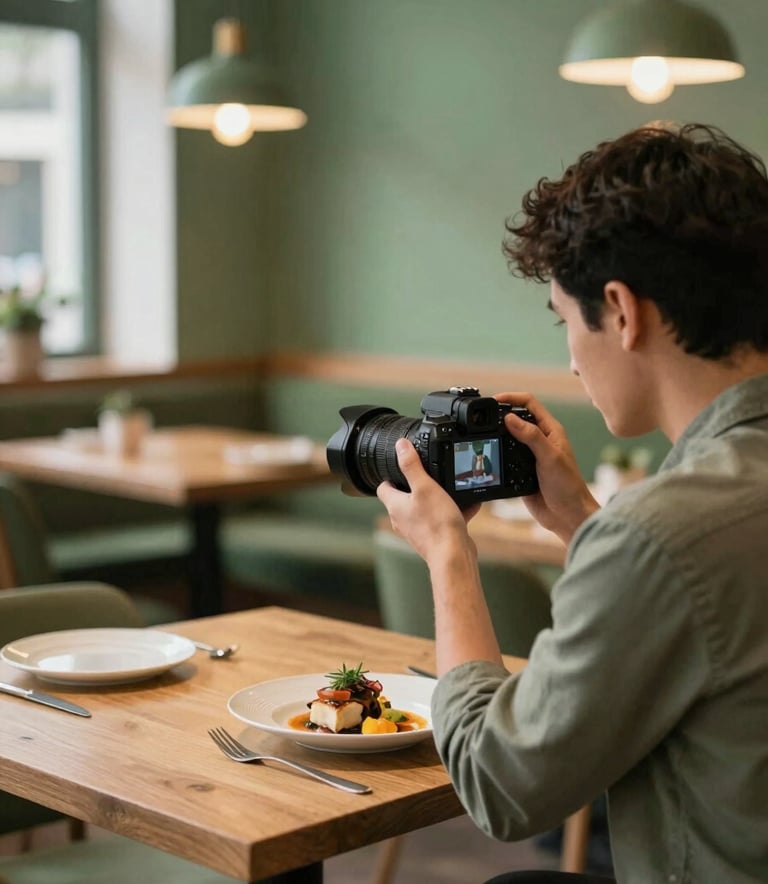 A behind-the-scenes shot of a content creator in a cozy, scandinavian-style restaurant. They are using a professional camera to photograph a chef plating a dish. The atmosphere is warm and authentic, with soft wood tones and matte green accents (#364E3F). Professional, professional-grade lighting setup visible in the corner.