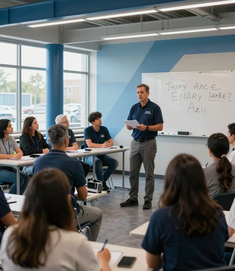 A professional emergency preparedness workshop in a modern community center in North American / US. An instructor is demonstrating safety procedures to a group of engaged citizens. The room is bright with steel blue and ice blue accents.