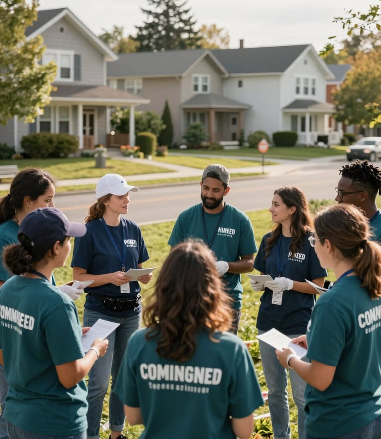 A group of professional community volunteers in modern attire collaborating outdoors in a peaceful North American neighborhood, soft morning sunlight, deep teal and navy blue accents in their clothing, community service atmosphere.