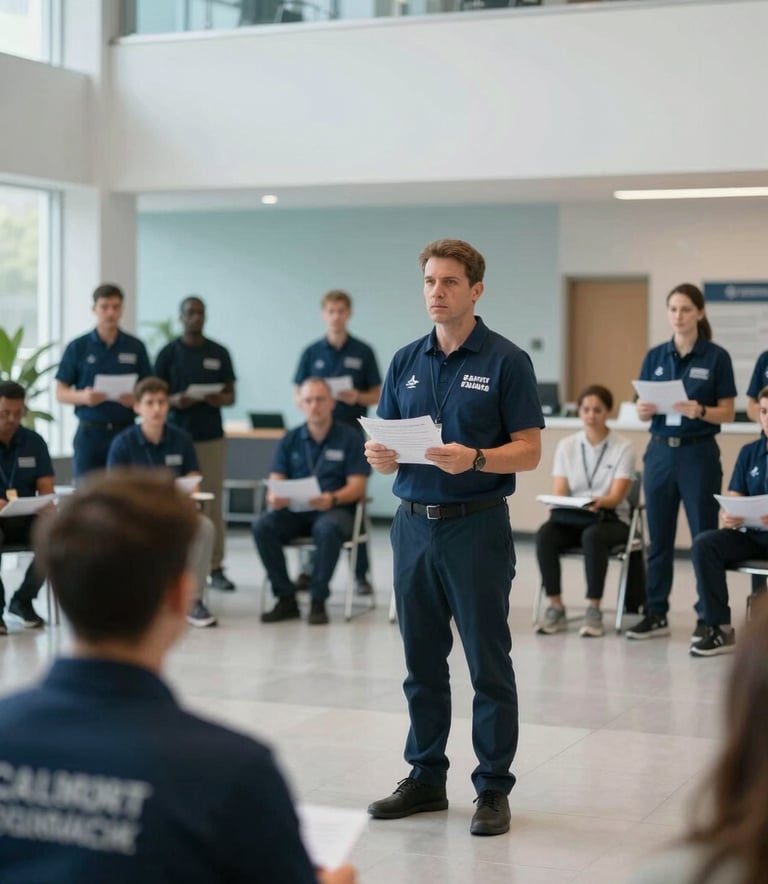 A high-quality photo of a community preparedness training session in a modern North American civic center, professional instructors demonstrating safety resources, muted blue and light sky blue color tones.