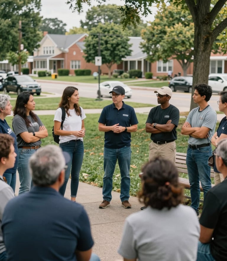 A photography of a group of diverse community members gathering in a North American / US neighborhood park to discuss local safety initiatives. The atmosphere is collaborative and supportive, shot in soft natural daylight.