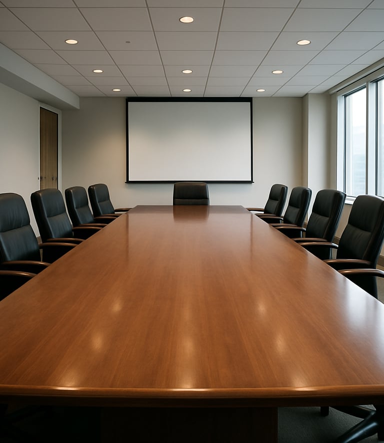 A clean, bright North American corporate board room. A high-quality wooden table reflects the soft overhead lighting. The composition is wide and professional, suggesting established authority and clear guidance.