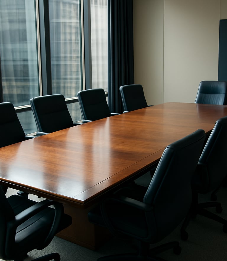 A high-angle photograph of a modern, sunlit North American boardroom with a polished wood table and ergonomic chairs. Soft light filters through floor-to-ceiling windows, reflecting a professional and reliable atmosphere with dark blue and off-white tones.