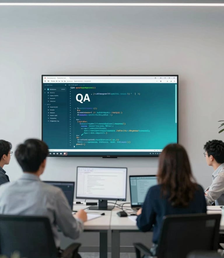 A modern, minimalist office space where a team of professionals is collaborating over a glowing screen showing code lines. The composition is clean and trustworthy, highlighting the human element in sophisticated QA, with #B2D4D8 and #367C89 accents.