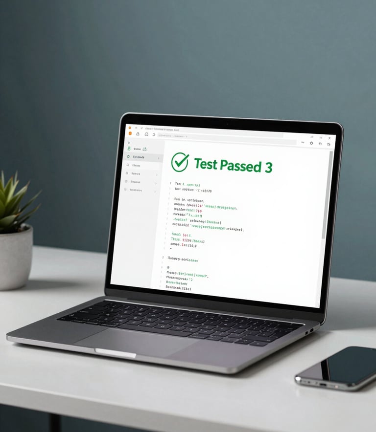A sleek, minimalist digital workspace with a focus on a high-end laptop screen displaying a green 'Test Passed' checkmark and clean code. The atmosphere is professional and calm, with a palette of #1A202C and #367C89 accents in the room decor.
