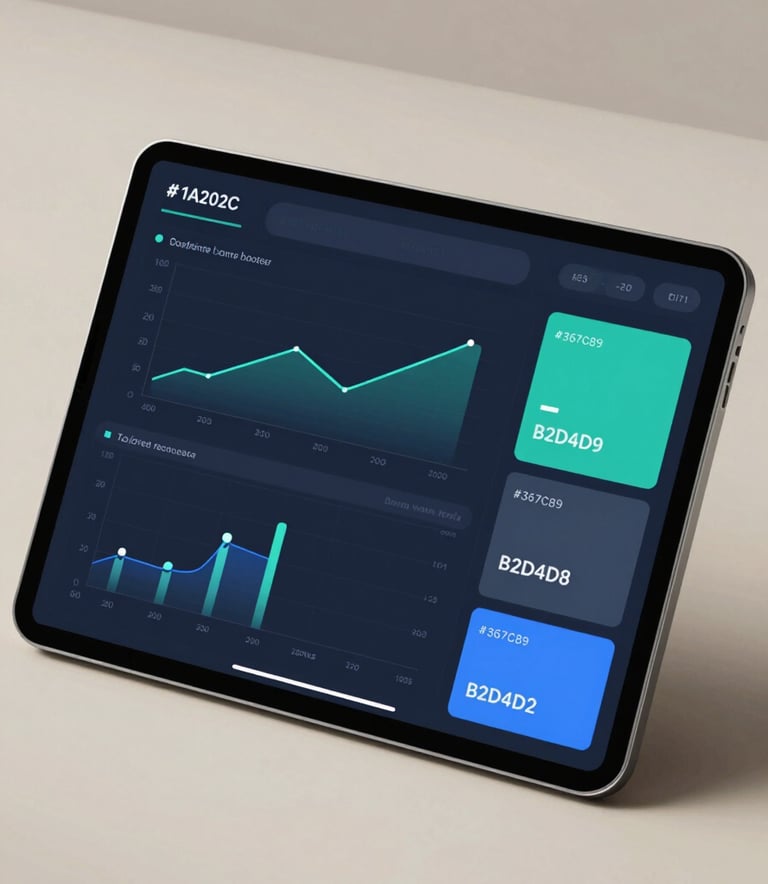 A cutting-edge data visualization dashboard on a tablet, displaying software health metrics and testing progress. The image uses a professional color palette of #1A202C, #367C89, and #B2D4D8, with soft, clean lighting to emphasize precision and intelligent QA solutions.