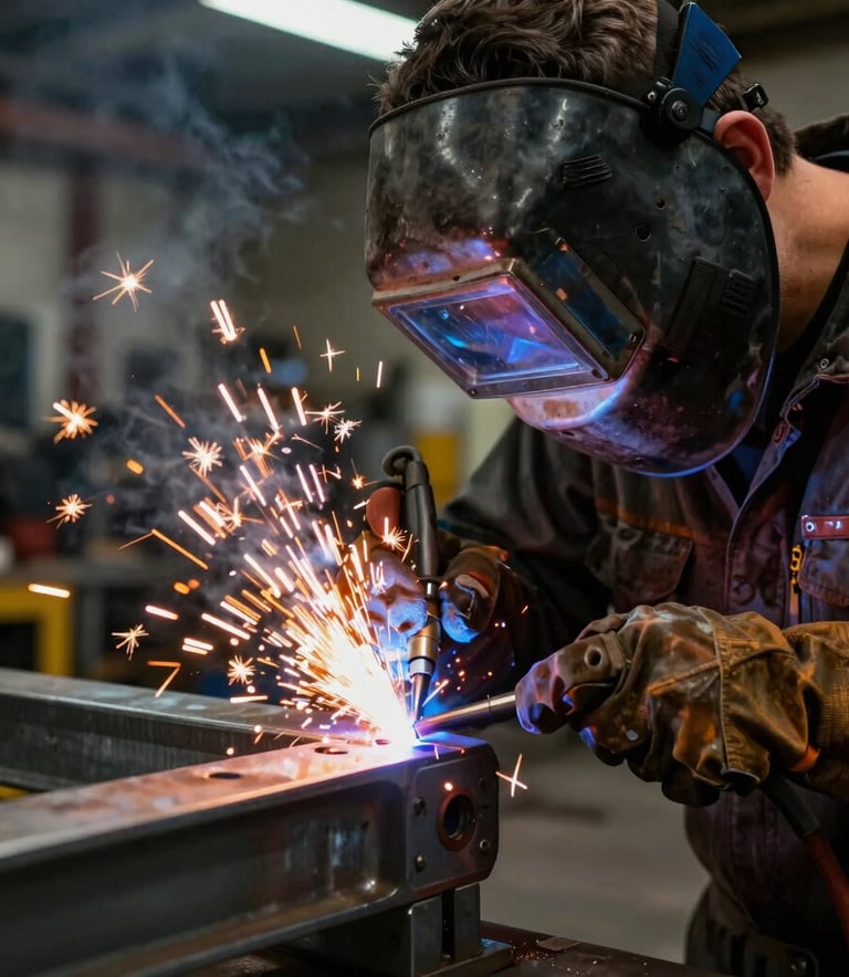 Close-up photography of a male welder performing precision work on a steel joint. Safety orange sparks flying against a dark, industrial workshop background. North American setting.