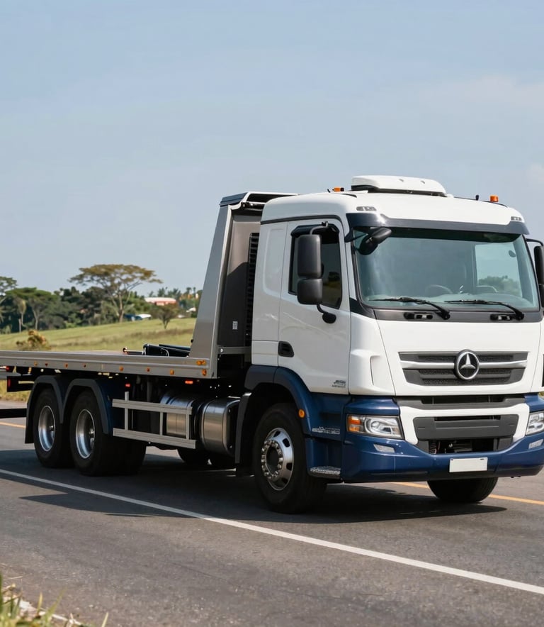 A modern white and navy blue flatbed tow truck parked on a clean Brazilian highway shoulder, bright daylight, professional and efficient atmosphere, South American road landscape in the background.