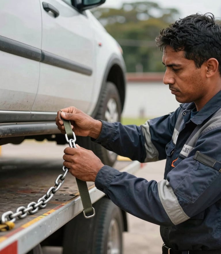 A detailed shot of a specialized towing technician in a professional uniform securing a vehicle with high-quality straps and chains, South American setting, reliable and precise work style.