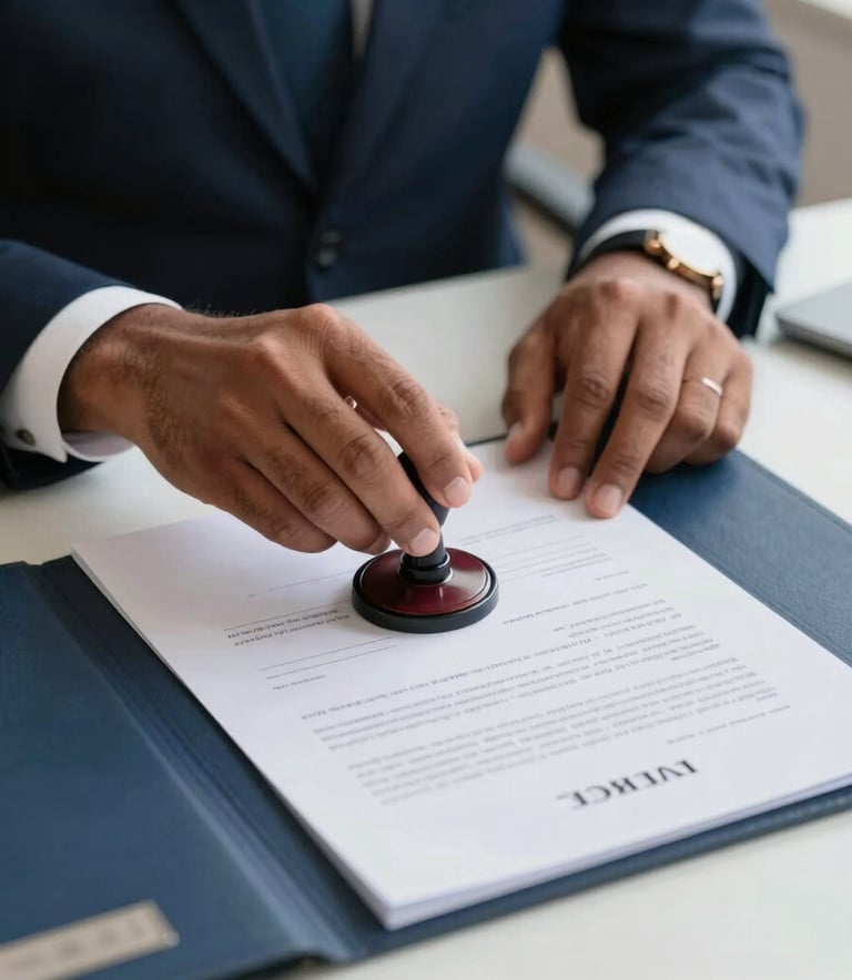 A close-up photograph of a South Asian / Indian legal professional's hands carefully placing a notary seal on an official rental agreement document. The setting is a clean, modern desk with a navy blue and white color palette, professional soft lighting.