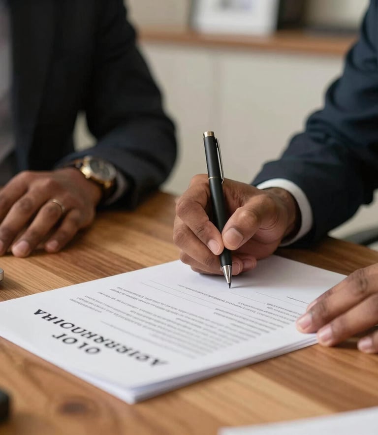 Close-up of hands signing a formal legal rental agreement on a wooden desk, professional office atmosphere, South Asian / Indian setting, soft warm lighting.