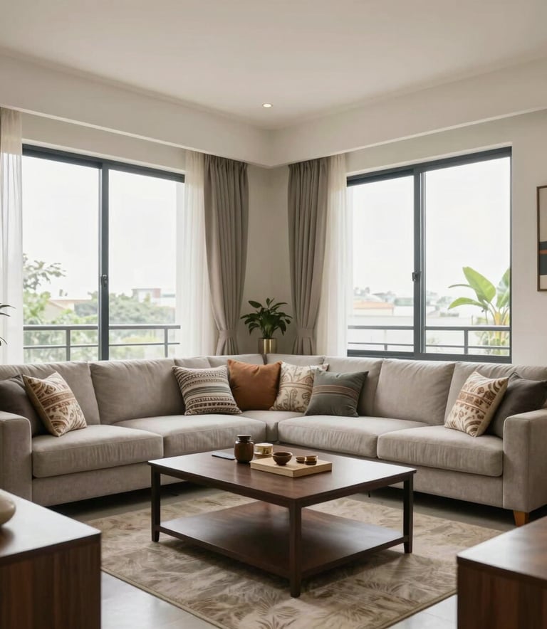 A bright, clean, and modern apartment living room in Bangalore with contemporary South Asian / Indian decor and large windows.