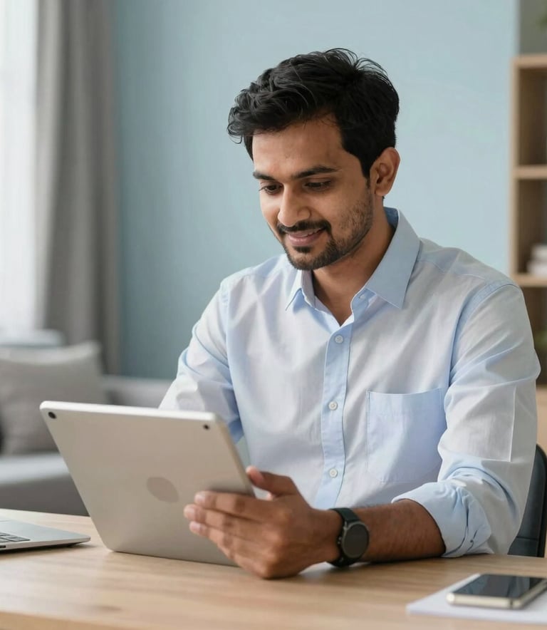 A professional South Asian / Indian man in a smart-casual shirt sitting in a well-lit home office, looking at a digital tablet with a satisfied expression. The room is modern and clean with hints of light blue and gray decor.