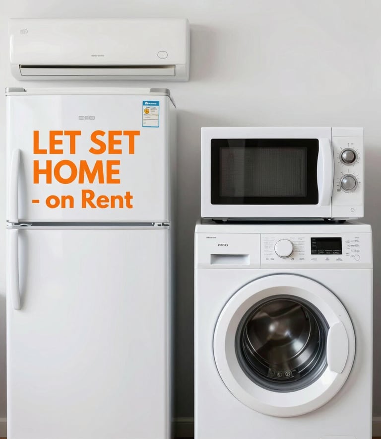 A happy family unpacking a gently used microwave and blender in their kitchen, smiling as they set up their new home goods.