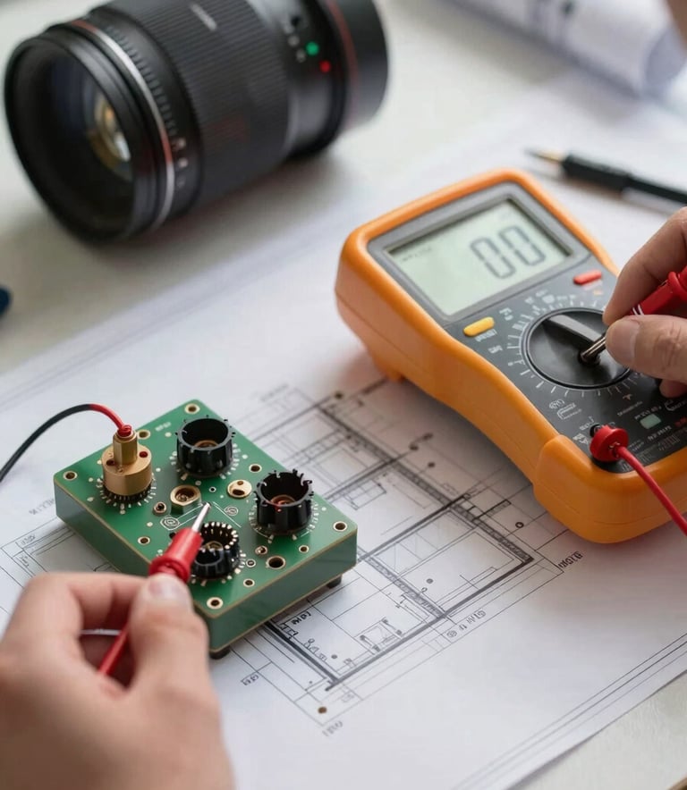 Detail of high-quality electrical components and a multimeter used by an expert, arranged on a architectural blueprint, soft natural light, professional workplace atmosphere.