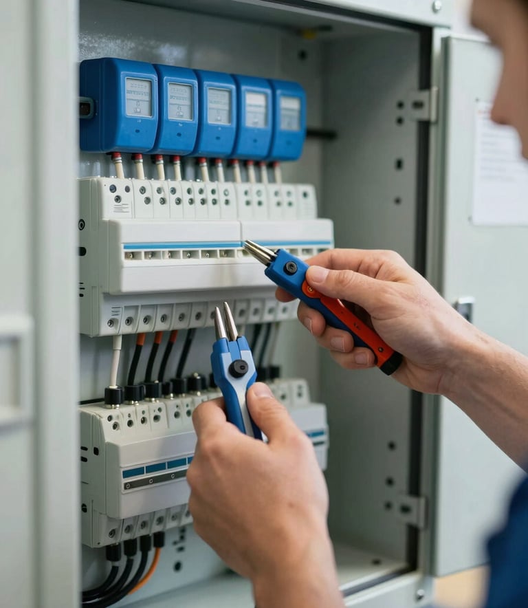 A close-up photograph of a professional electrician's hands using high-precision tools on a modern electrical distribution board. The workspace is clean and organized, with components in Medium Blue and Light Blue/Grey. Bright, natural lighting in a Central European industrial setting, conveying precision and reliability.