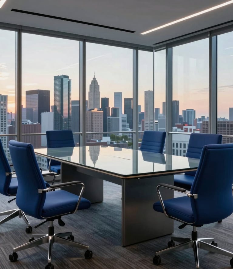 A minimalist, high-end North American executive boardroom with a polished glass table, deep cobalt blue ergonomic chairs, and floor-to-ceiling windows overlooking a modern city skyline at sunset.