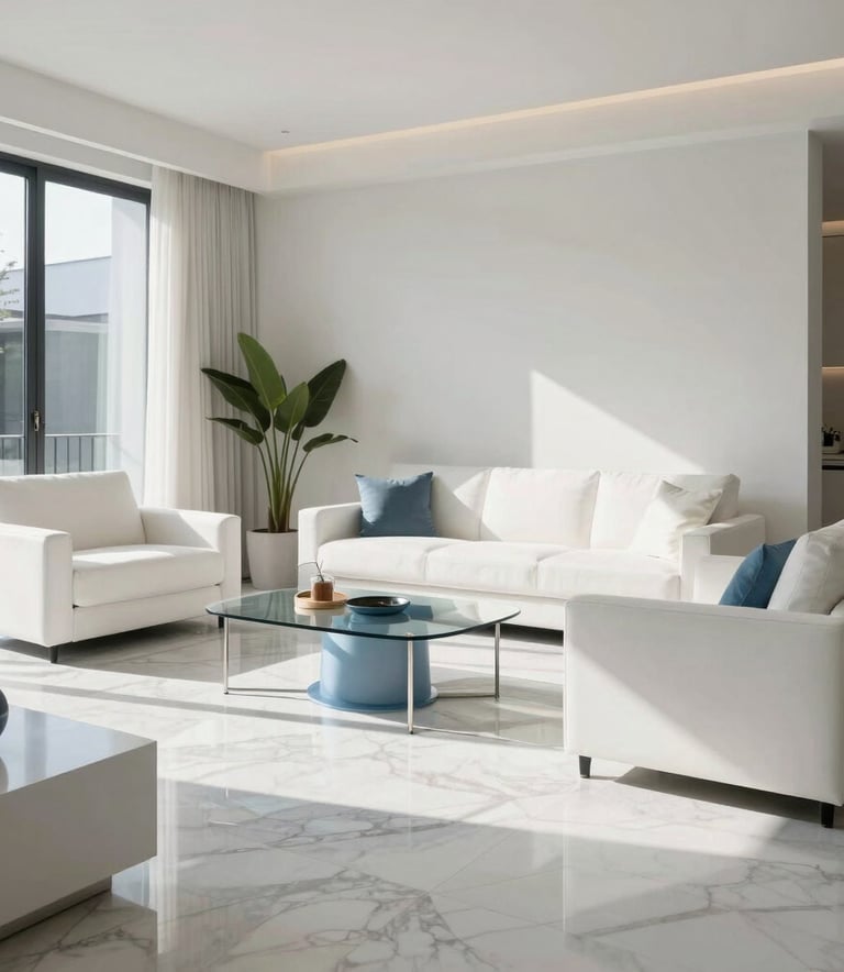 A sun-drenched, ultra-modern North American living room featuring crisp white minimalist furniture, polished marble floors, and subtle steel blue accents in the decor.