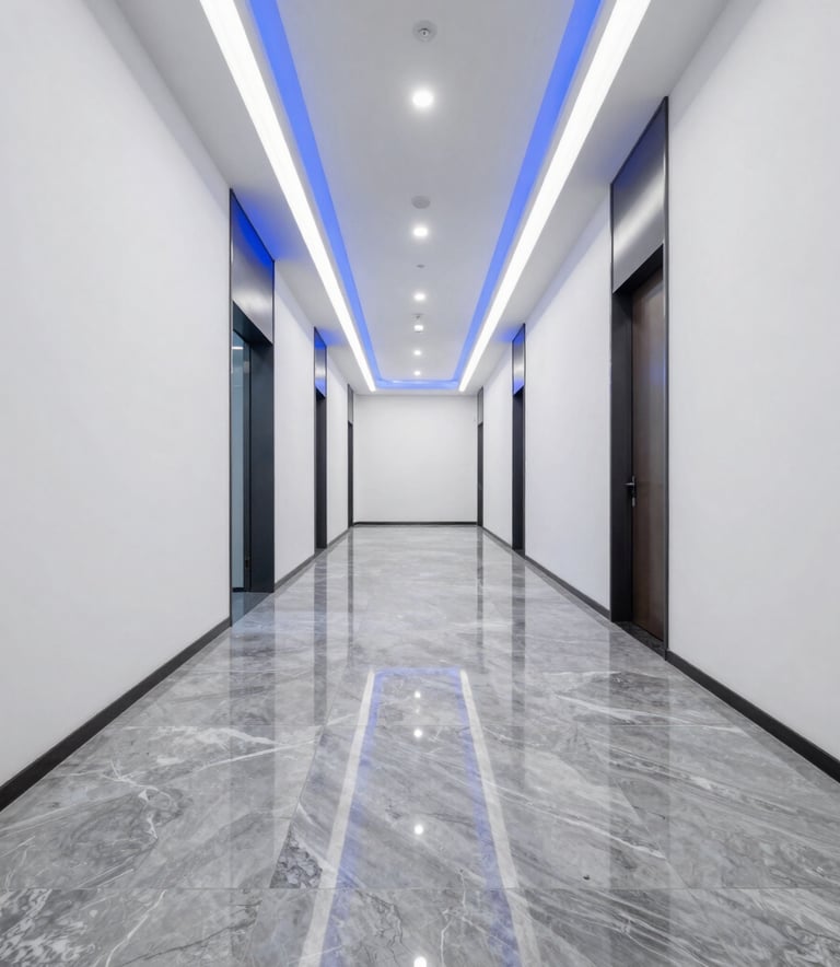 Professional photography of an empty, high-end North American office corridor. Polished grey marble floors, white walls, and elegant cobalt blue lighting accents. Modern, reliable, and impeccably clean.