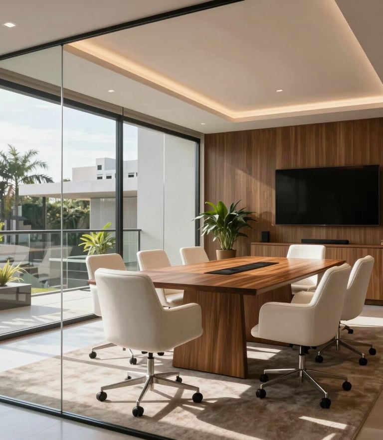 A professional and clean photograph of a modern law firm interior in Cuiabá, Mato Grosso, Brazil. The scene shows a glass-walled meeting room with comfortable white chairs and a wooden table, under bright, natural daylight. The atmosphere is professional, emphasizing trust and confidentiality. South American / Brazilian architecture.