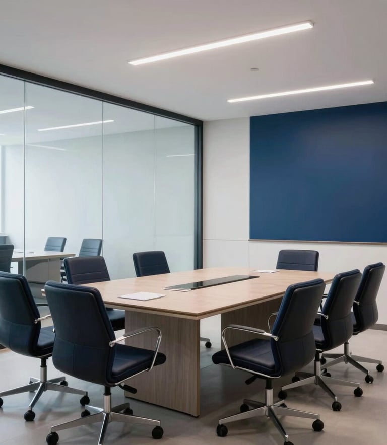 Interior of a modern legal meeting room in Brazil with glass walls and professional decor in shades of navy blue and white. Clean, bright, and highly professional South American / Brazilian corporate setting.