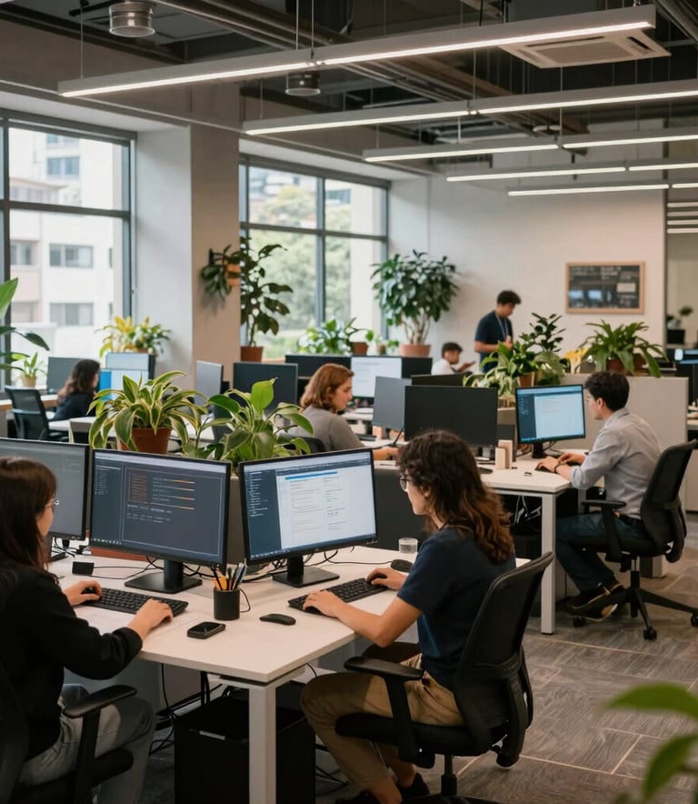 Wide shot of a modern, open-plan digital agency office in a South American urban center. The space is filled with plants, natural light, and people working at clean workstations with multiple monitors. The atmosphere is professional, quiet, and innovative.