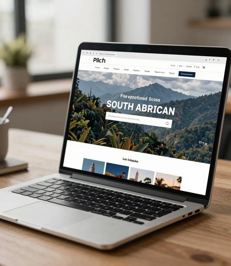 Close-up of a modern laptop on a clean wooden desk showing a sleek, responsive website interface, with a soft-focus South American urban workspace in the background.