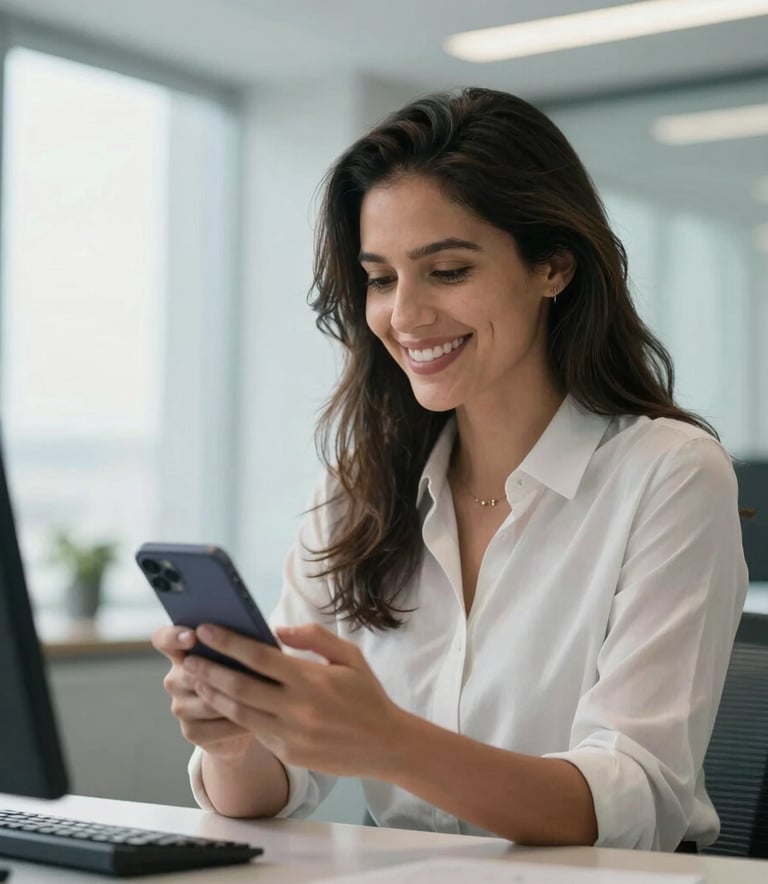 A professional South American woman in a bright, modern office smiling while looking at a smartphone, with soft natural light and a clean, dynamic background featuring light blue and white tones.