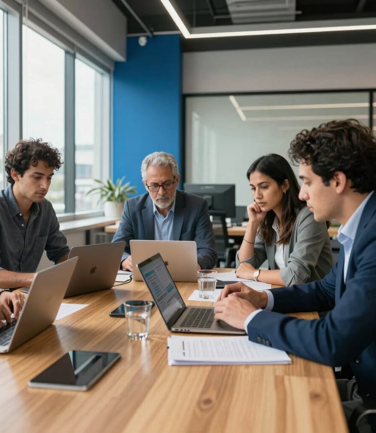 A collaborative team meeting in a modern South American tech office. Professionals are gathered around a wooden table in a room with steel blue accents and large windows, discussing digital marketing strategies with a sense of focus and dynamism. Natural morning light, clean professional photography.