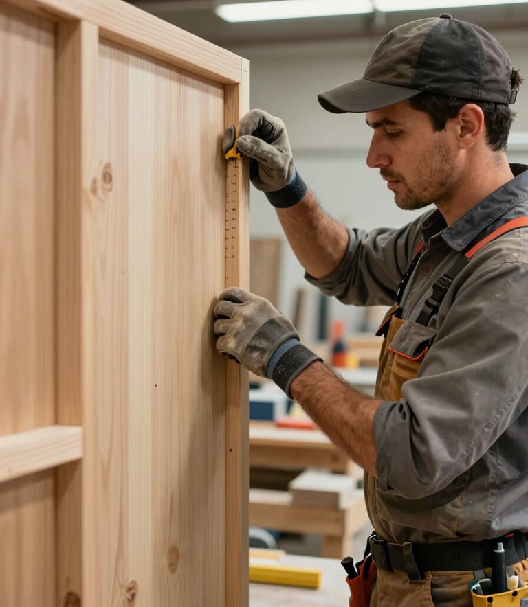 A close-up photograph of a skilled craftsman in a North American commercial site installing a custom wooden partition. The lighting is bright and professional, highlighting the precision of the carpentry. The worker is wearing modern safety gear and professional attire, representing craftsmanship and reliability in a high-quality renovation setting.