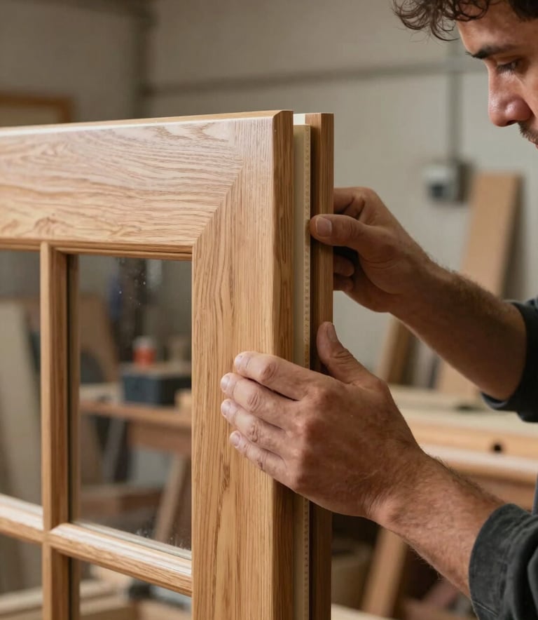 A close-up photograph of a skilled carpenter in a North American / US workshop fitting a bespoke oak door frame, soft natural light reflecting off smooth wood surfaces, professional and clean environment.