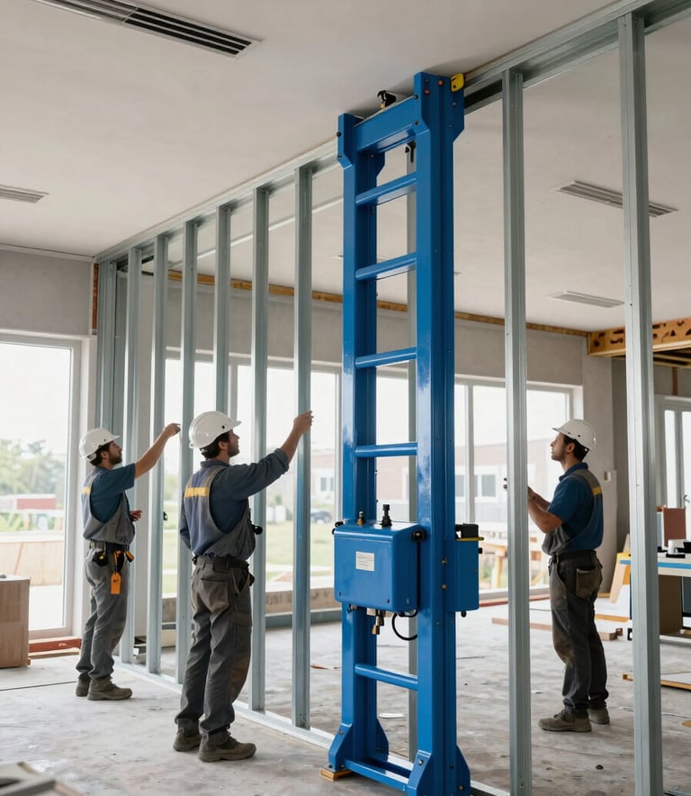 Professional construction team in a North American / US office building installing a suspended ceiling and metal stud partitions, clean workspace, high-quality steel blue equipment, modern construction style.