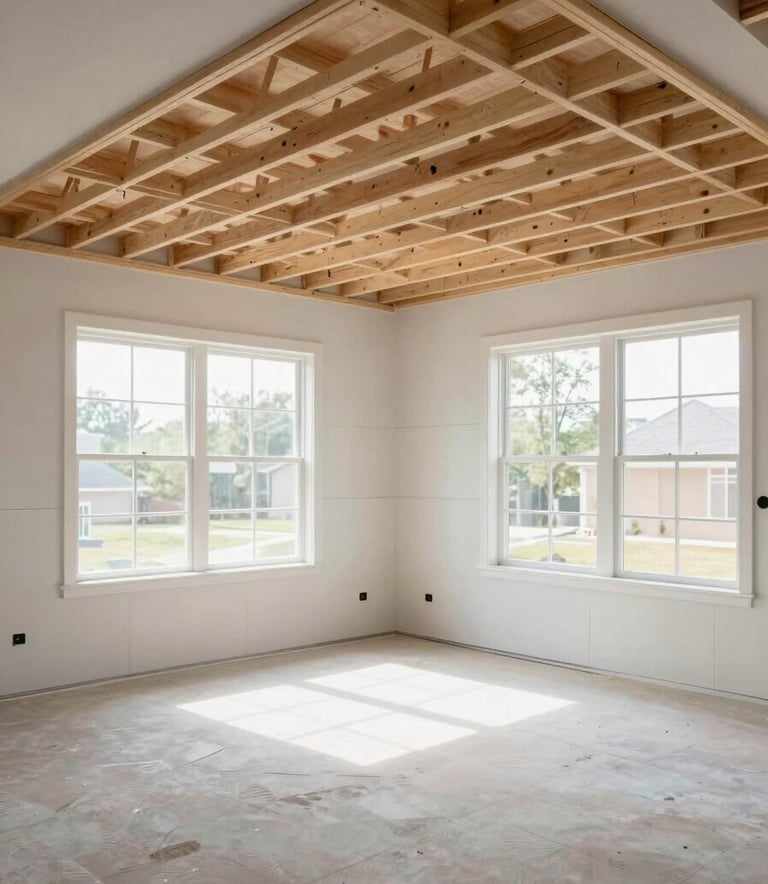 A wide-angle professional photograph of a modern residential interior in North American style under renovation. The shot features clean drylining on walls and the framework for a new suspended ceiling. Bright natural light floods the room from large windows, showcasing a tidy and efficient workspace.