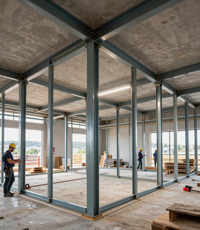 Wide shot of a large-scale construction site in Braga, Northern Portugal, showing the professional installation of metallic structures for Pladur in a new building, modern industrial lighting, steel blue and sage tones.