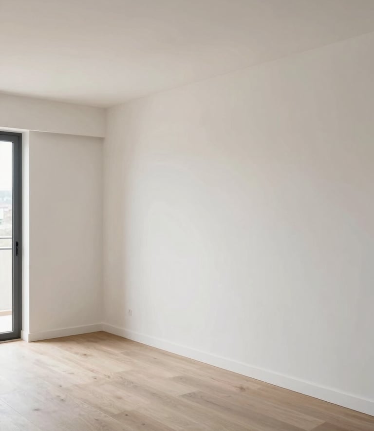 Interior shot of a newly renovated modern apartment in Northern Portugal featuring perfectly smooth Pladur walls and ceilings, bright natural light, minimalist aesthetic with professional finish.