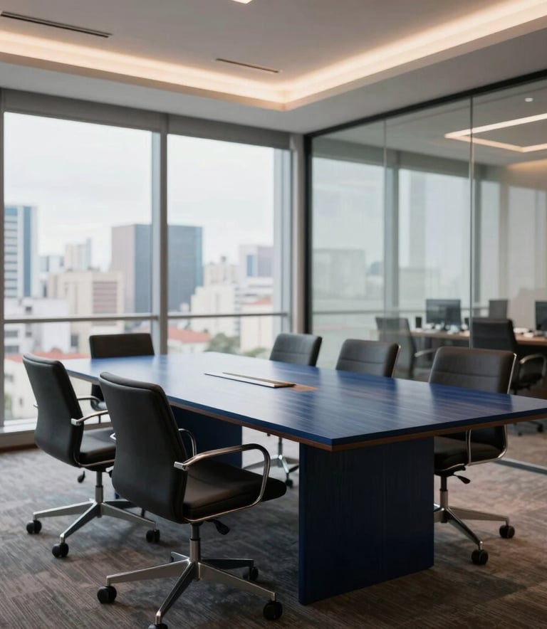 A professional South American / Brazilian office interior featuring a dark blue wooden meeting table, polished glass windows showing a blurred cityscape, and a clean atmosphere with soft focus. The scene is illuminated with modern recessed lighting, emphasizing efficiency and professionalism.