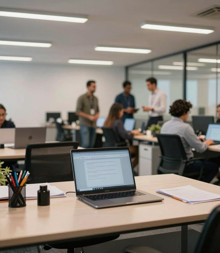 A wide photography shot of a modern, efficient Brazilian corporate office. Employees are seen in the background in a collaborative but quiet environment. The foreground shows an organized desk with professional stationery and a laptop.