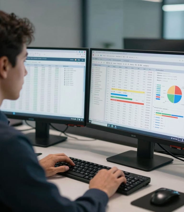 A sharp, high-resolution photo of a financial expert working in a North American setting, using two monitors to display complex accounting spreadsheets and charts. The lighting is professional and cool, highlighting an atmosphere of precision and expertise.