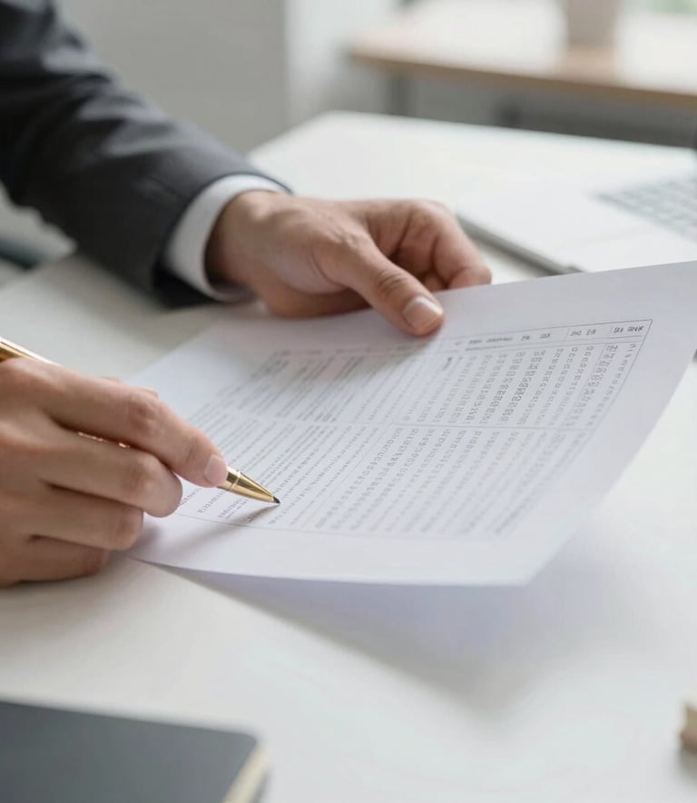 A close-up photograph of a professional's hands reviewing a physical financial balance sheet in a bright, modern North American office. Soft daylight illuminates the desk, emphasizing a charcoal and white workspace aesthetic with a high-end gold pen resting on the documents.
