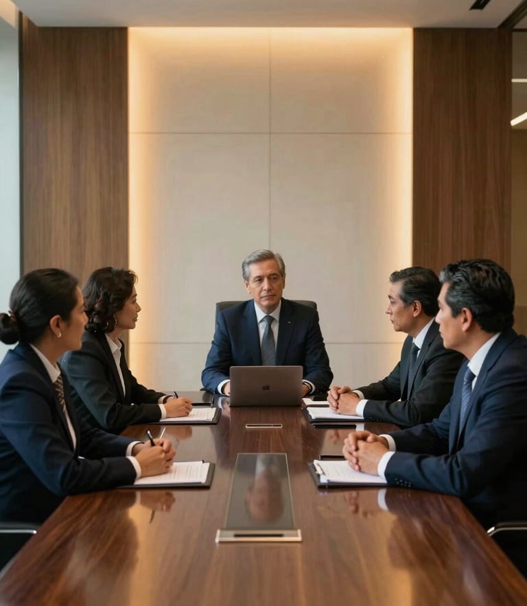 A group of South American / Ecuadorian legal executives in sharp, high-end business attire engaged in a strategic meeting within a minimalist corporate boardroom. The scene features deep navy and charcoal tones with warm golden highlights from architectural lighting, reflecting authority and luxury corporate style.
