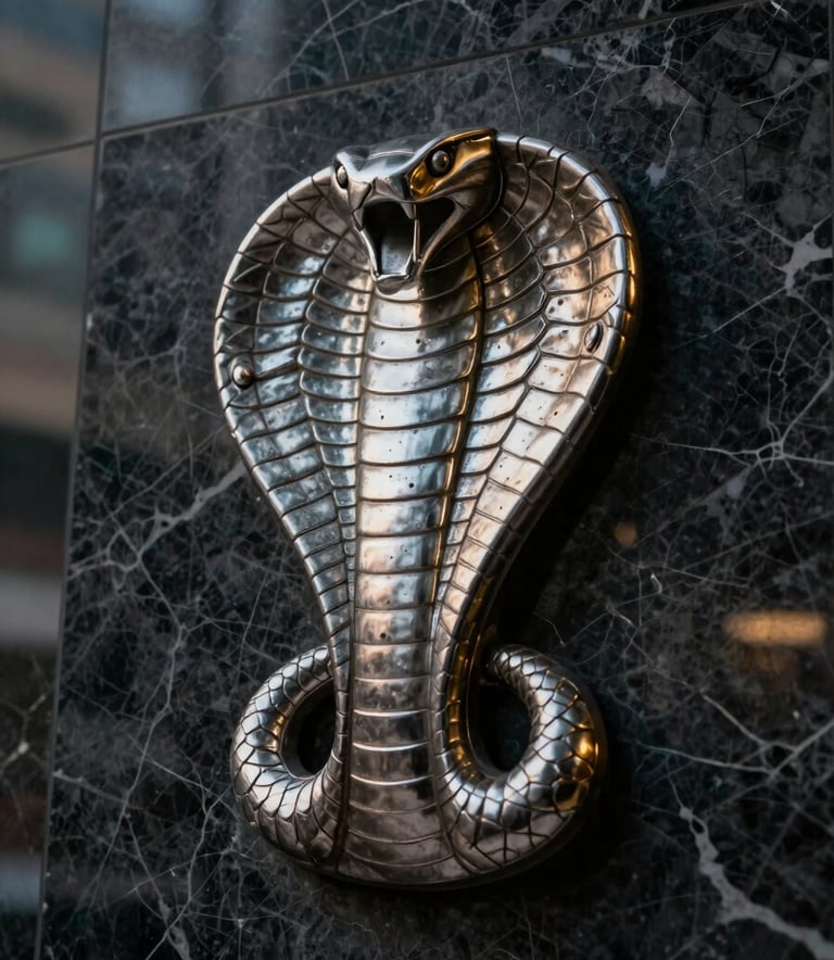 A close-up photograph of a metallic cobra emblem subtly integrated into a dark marble wall in a South American / Ecuadorian high-rise office. The lighting is dramatic and moody, with highlights of silver and deep gold, conveying vigilance and tactical precision.