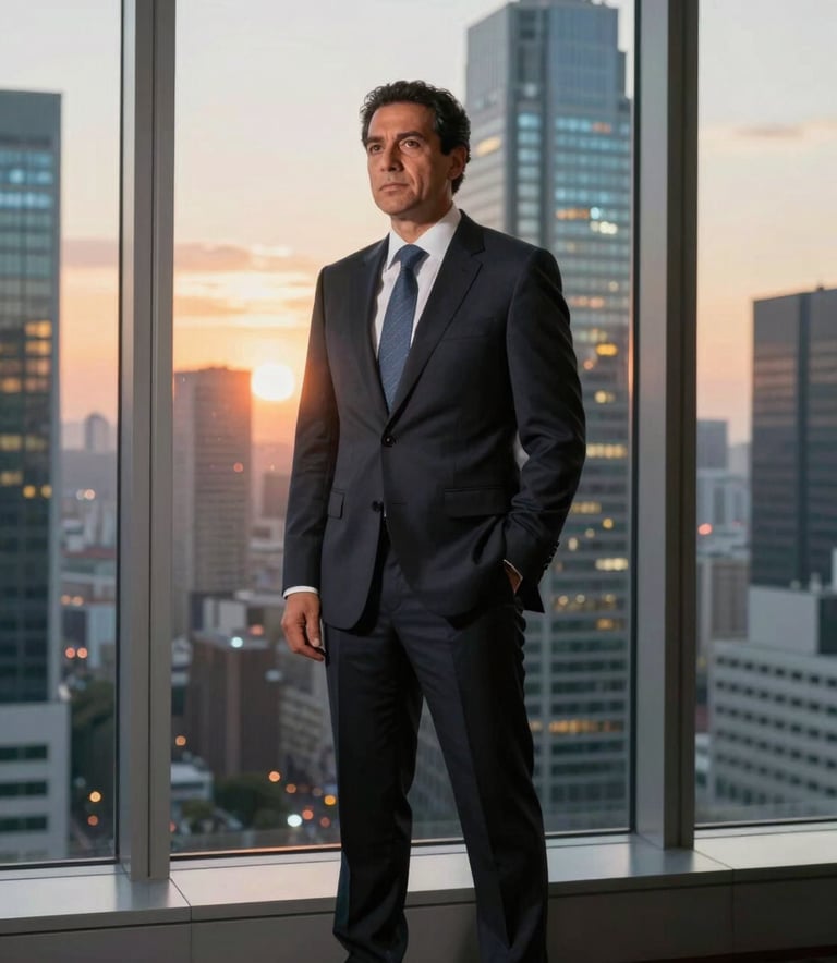 Serious South American executive in a tailored dark suit standing in front of a floor-to-ceiling window overlooking a financial district, sunset lighting, reflection of high-tech screens.