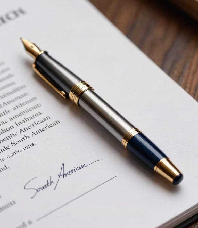 A close-up of a high-end metallic fountain pen resting on a signed legal document, dark wood background, dramatic side lighting, gold and deep blue tones, South American corporate setting.