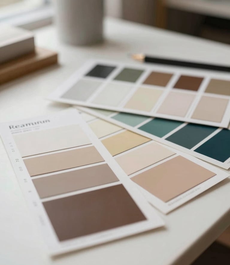 A close-up photograph of premium paper samples and high-quality color swatches on a designer's desk in a modern studio in Western European / French style. Natural soft lighting, elegant composition.