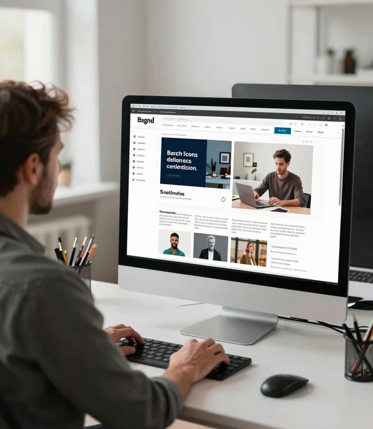 A professional graphic designer in a bright, modern French office working on a large screen displaying a sophisticated brand identity project. Clean aesthetic, professional atmosphere.