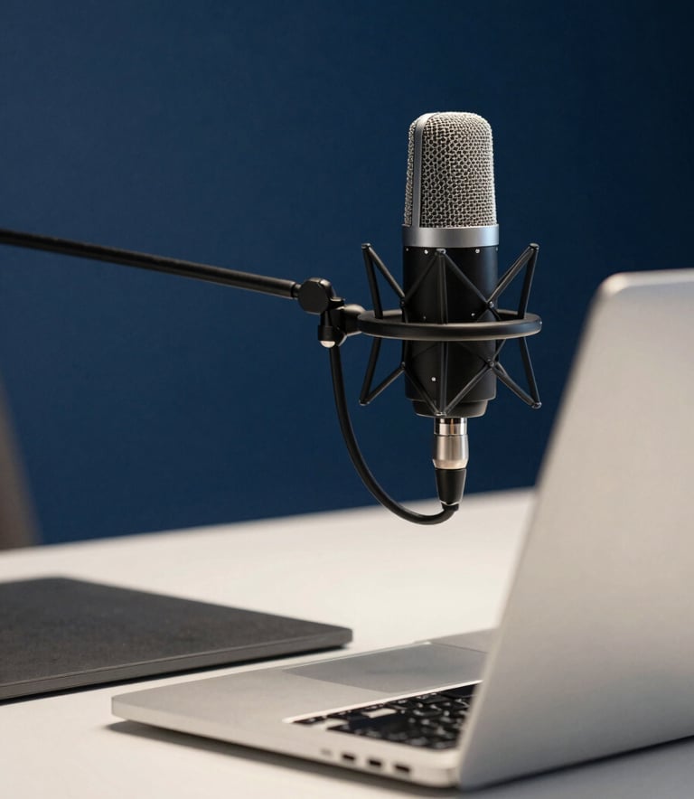 Close up of a high-tech modern workstation with a clean laptop and a professional microphone in a room with deep blue and soft off-white accents, cinematic lighting, sharp focus.