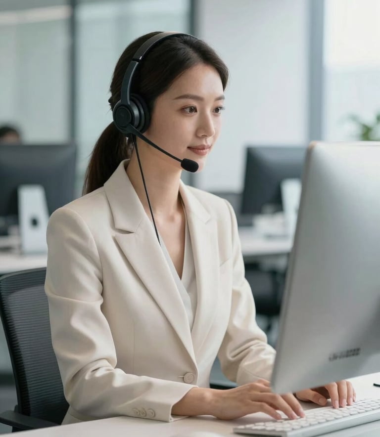 A professional woman in a modern office wearing a sleek headset, sitting in front of a computer, soft off-white and steel blue office decor, soft natural lighting.