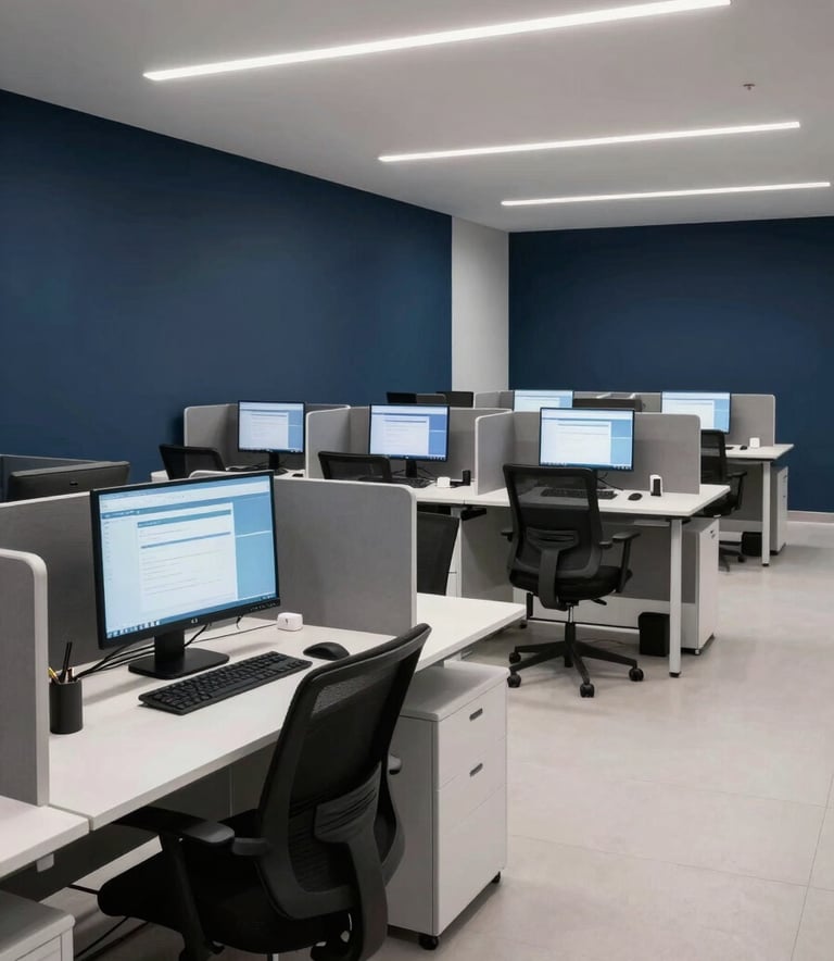 A wide-angle photograph of a modern call center floor. The desks are organized and minimalist, featuring monitors with clean interfaces. The room is styled in Deep Navy and Mist White with professional lighting.